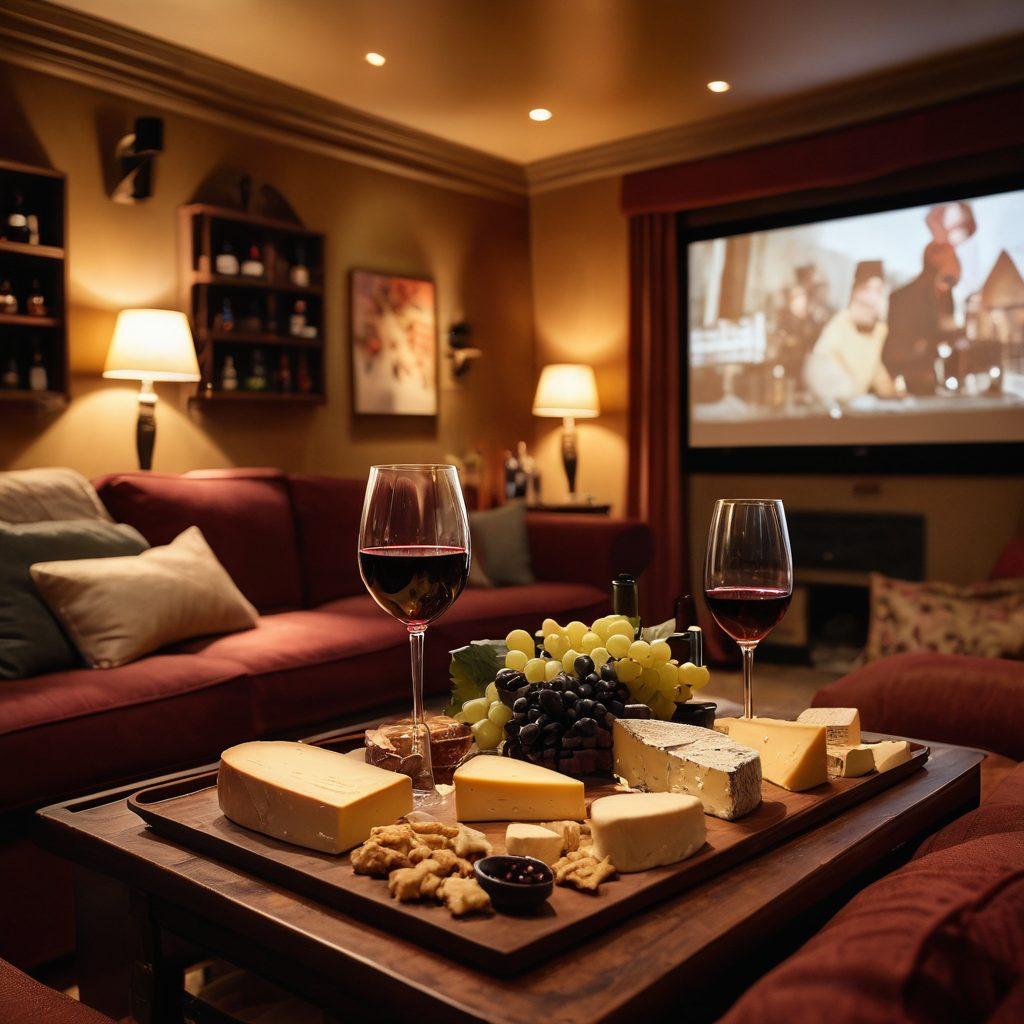 A cozy home theater setting with a plush sofa, a projector screen displaying a classic film, and an elegantly set table with exquisite wine glasses and a selection of gourmet cheese and snacks. Soft, warm lighting creates an inviting atmosphere, and film reels and wine bottles are artistically scattered around. The scene captures a joyful celebration of wine and cinema. super-realistic. warm colors. cozy ambiance.