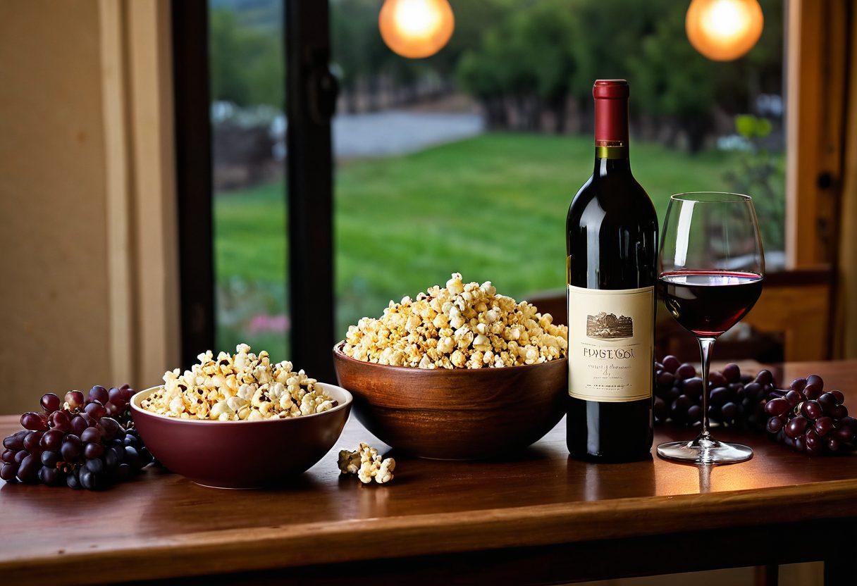 A cozy setting featuring a beautifully arranged table with a bowl of freshly popped popcorn and an elegant bottle of Pinot wine. Soft candlelight and a warm ambiance create an inviting atmosphere, with a backdrop of a scenic vineyard. Include wine glasses filled with dark red wine and a couple of playful wine corks scattered around. Emphasize a sense of joy and relaxation in the scene. super-realistic. warm colors. soft focus.