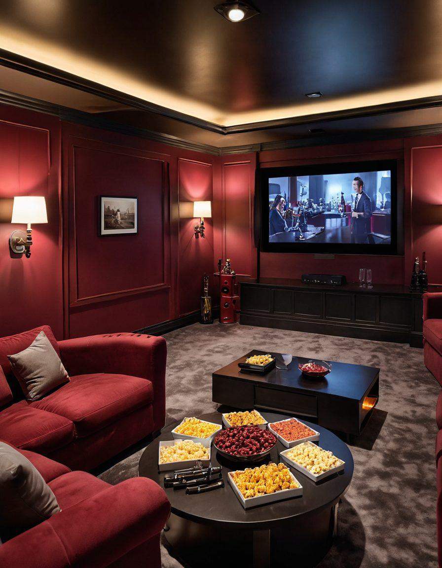 A luxurious home theater setting showcasing a plush seating area with wine glasses filled with rich red wine, film reels, and popcorn scattered on a stylish coffee table. Projected on a large screen is a classic film scene with vibrant hues, enhancing the cinematic atmosphere. Soft ambient lighting adds an elegant touch, creating an immersive and inviting experience for wine and film enthusiasts. super-realistic. vibrant colors. cozy ambiance.